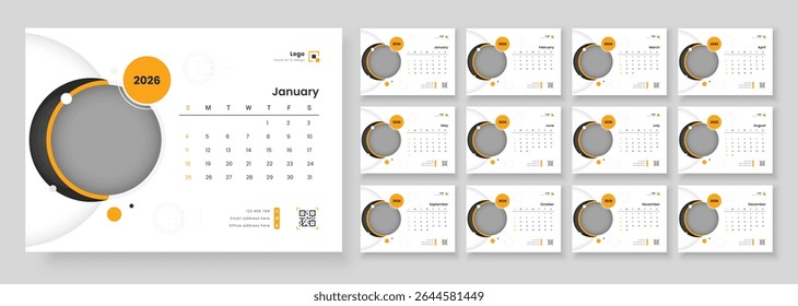 Modelo de calendário de mesa de ano novo moderno 2026. Modelo de calendário de 2026. Modelo de calendário para 2026 com início de semana no domingo.