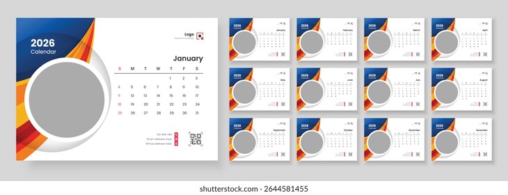Modelo de calendário de mesa de ano novo moderno 2026. Desk Calendar 2026 modelo 12 meses incluído. Modelo de calendário para 2026 com início de semana no domingo.