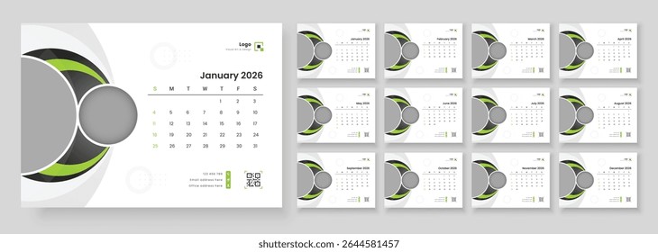 Modelo de calendário de mesa de ano novo moderno 2026. Desk Calendar 2026 modelo 12 meses incluído. A semana começa no domingo.