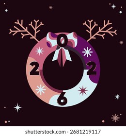 Modern New Year 2026 vector illustration of a festive wreath with bow snowflakes and decorative elements for holiday cards invitations banners posters social media templates and seasonal packaging