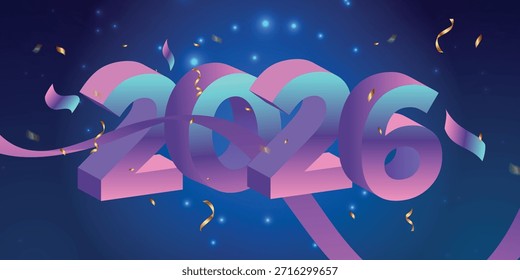 Ilustração vetorial de Ano Novo Moderno 2026 apresentando números de gradiente 3D "2026" com cores pastel macias, formas de fita abstratas e confetes flutuantes em um fundo festivo azul profundo. Design de celebração contemporânea ideal para saudações de Ano Novo 2026, banners digitais, postagens de mídias sociais, sites, apresentações, promoções de eventos e marca sazonal moderna.