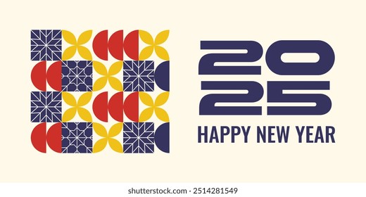 Modern New Year banner design with a pattern of geometric shapes and large typography 2025. Greeting card with snowflakes.
