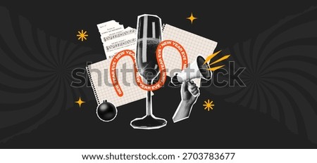 Modern New Year collage poster with retro halftone elements. Features champagne glass, megaphone, music sheets, and bold typography on dark background for event or party designs.