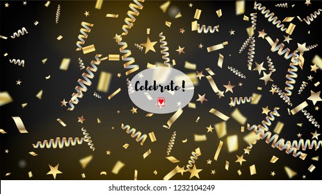 Modern New Year Confetti Realistic Falling Golden Tinsel.  Cool Glamour Christmas, New Year, Birthday Party Holiday Garland. Horizontal Bright Shimmer Background. New Year Confetti Golden Tinsel