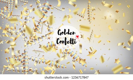 Modern New Year Confetti Realistic Falling Golden Tinsel.  Cool Glamour Christmas, New Year, Birthday Party Holiday Scatter. Horizontal Magic Bokeh Background. New Year Confetti Golden Tinsel