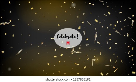 Modern New Year Confetti Realistic Falling Golden Tinsel.  Cool Glamour Christmas, New Year, Birthday Party Holiday Texture. Horizontal Stars Shimmer Background. New Year Confetti Golden Tinsel