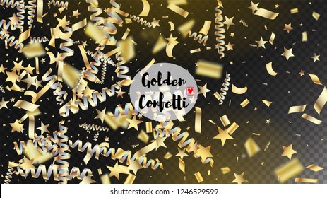 Modern New Year Confetti Realistic Falling Golden Tinsel.  Horizontal Shiny Explosion Background. Cool Rich VIP Christmas, New Year, Birthday Party Holiday Frame. New Year Confetti Golden Tinsel