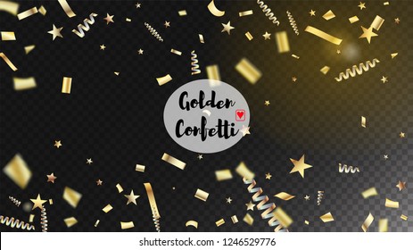 Modern New Year Confetti Realistic Falling Golden Tinsel.  Horizontal Dotted Stardust Background. Cool Luxury Christmas, New Year, Birthday Party Holiday Frame. New Year Confetti Golden Tinsel