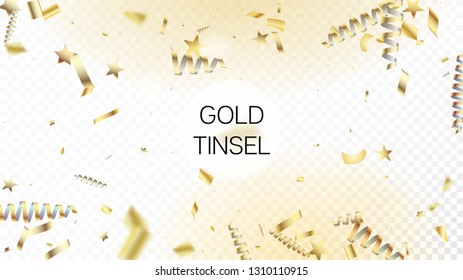 Modern New Year Confetti Realistic Falling Golden Tinsel.  Cool Elegant Christmas, New Year, Birthday Party Holiday Scatter. Horizontal Lights Streamers Background. New Year Confetti Golden Tinsel