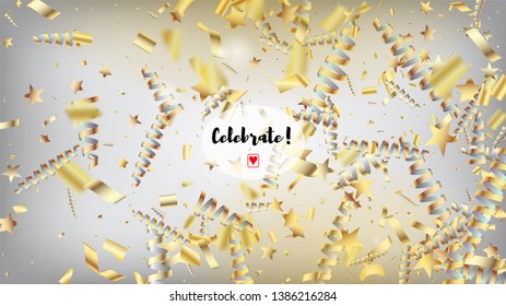 Modern New Year Confetti Realistic Falling Golden Tinsel.  Horizontal Stars Stardust Background. Cool Sparkling Christmas, New Year, Birthday Party Holiday Garland. New Year Confetti Golden Tinsel