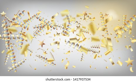 Modern New Year Confetti Realistic Falling Golden Tinsel.  Cool Platinum Christmas, New Year, Birthday Party Holiday Texture. Horizontal Dotted Glitter Background. New Year Confetti Golden Tinsel