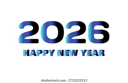 Diseño moderno de “Feliz año Nuevo 2026” con números azules degradados en un fondo blanco limpio, creando un saludo navideño contemporáneo elegante y vibrante