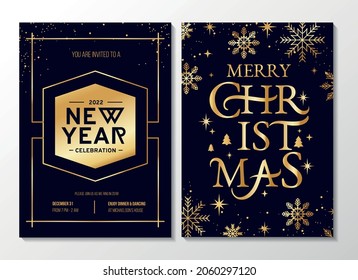 Modern New year party invitation design template. Geometric christmas design with gold typography lettering. New year greeting card. Vector illustration