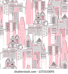 Modern New York city scape in pink colour. Girlish Superhero themed seamless pattern. Vector doodle graphics. Perfect for little girl design like t-shirt textile fabric print birtday party wrapping