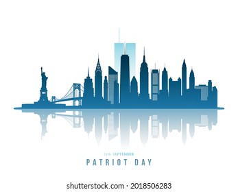 Moderno panorama urbano neoyorquino con silueta de Torres Gemelas detrás. 911 Nunca olvidaremos. Diseño vectorial del Día Patriótico.