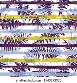 Modern new zealand fern frond and bracken grass overlapping stripes vector seamless pattern. Polynesian forest foliage clothing fabric print. Floral tropical leaves seamless design.
