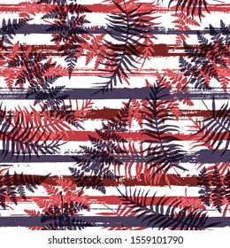 Modern new zealand fern frond and bracken grass over painted stripes seamless pattern design. Brazilian jungle foliage clothing fabric print. Stripes and tropical leaves illustration.