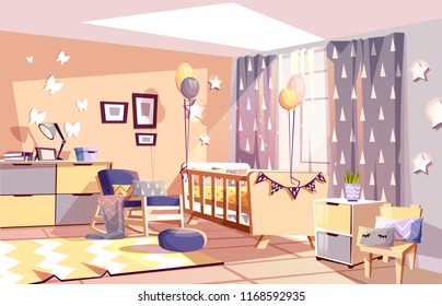 Modern Newborn Kid Or Nursery Room Interior Vector Illustration Of Bedroom Furniture In Cozy Scandinavian Style. Nurse Rocking Chair, Carpet At Baby Bed With Blanket, Stars Or Butterflies And Balloons