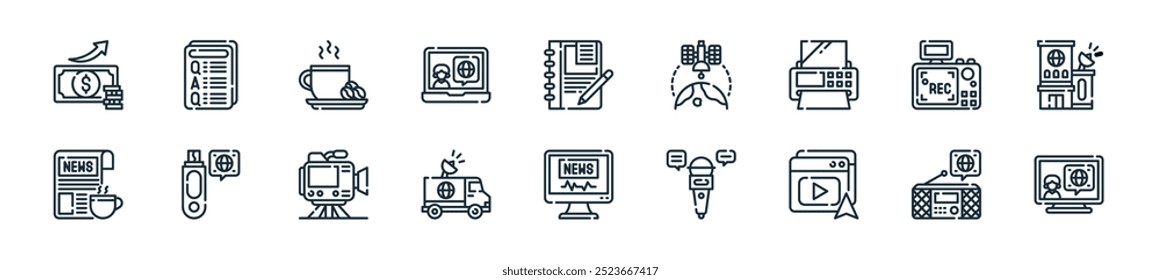 modern news amp journal icon pack. perfect for linear ui designs featuring vector television, radio, video, microphone, audio, van, video camera and more icons for mobile and web apps.