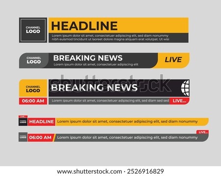 Modern News lower third design, headline, breaking news, news scroll, live news broadcast yellow and black