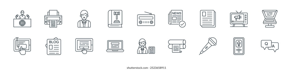 modern news and media icon pack. perfect for linear ui designs featuring vector qa, voice recorder, microphone, printing hine, journalism, laptop, subscription and more icons for mobile and web