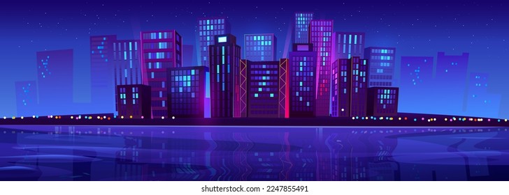 Modern night city near river glowing with colorful neon lights under midnight sky with many stars. Cartoon vector illustration of urban landscape with skyscraper silhouettes reflecting in water