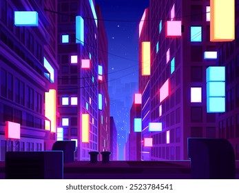 Moderna vista de la azotea de la ciudad nocturna. Ilustración de dibujos animados de Vector de torres de rascacielos con letreros de neón rosa y azul, luz amarilla en ventanas iluminadas, paisaje urbano metaverso futurista, estrellas en el cielo
