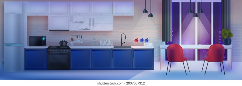 Modern Night Kitchen Interior Empty No People House Room With Furniture