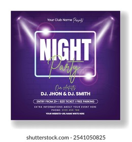 Modern Night party Social media post banner ad template, night dance party music night poster. Electro style concert disco club party event flyer invitation design with neon light , speaker background