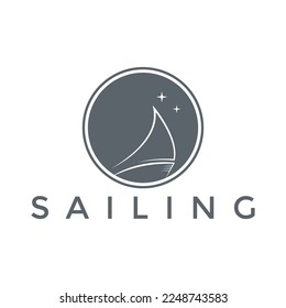 Modern night sailboat sailing ship in Sea Ocean Wave, minimalistic sailboat vector logo design template