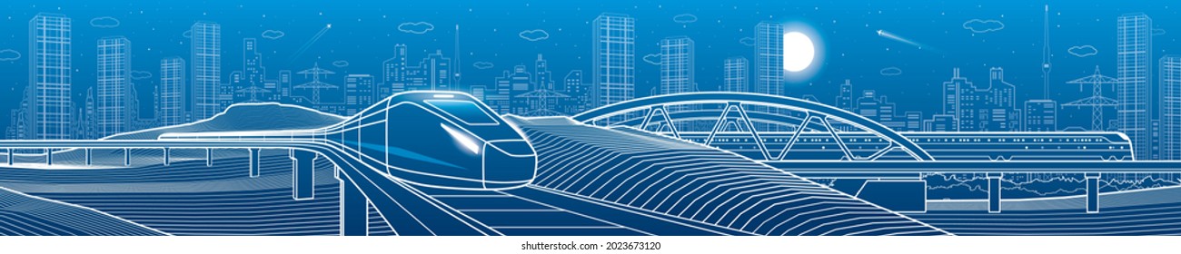 Modern night town, neon town panoramic. Train rides. City Infrastructure and transport illustration. Urban scene. Vector design art. White lines on blue background