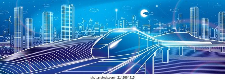 Modern night town, neon town. Train rides. City Infrastructure and transport illustration. Urban scene. Vector design art. White outlines on blue background