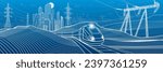Modern night town. Train rides. Power lines. City Infrastructure and transport illustration. Urban scene. Vector design art. White outlines on blue background
