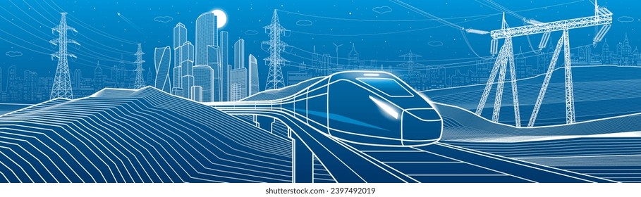 Modern night town. Train rides. Power lines. City Infrastructure and transport illustration. Urban scene. Vector design art. White outlines on blue background