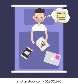 Modern nightmare conceptual illustration. Insomnia. Young man lying in the bed and thinking about work  / flat editable vector illustration