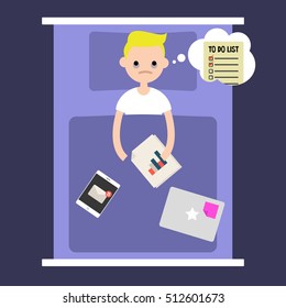 Modern nightmare conceptual illustration. Insomnia. Young boy lying in the bed and thinking about work  / flat editable vector illustration