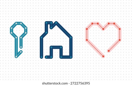 Modern node connection outline icons of key, home, and heart on dotted grid background, editable vector UI symbols for navigation, security, real estate, love, wellness apps, web interface design.