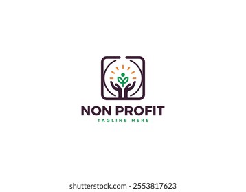 Modern Non Profit Logo Vector Design, Symbols of Community Support with Hand Sun Leaf Person