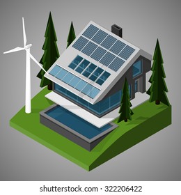 Modern non volatile autonomous house with a lawn and a swimming pool. Vector isometric illustration.