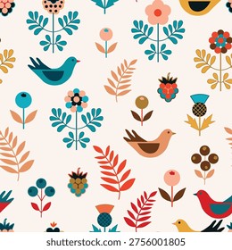 Modern Nordic floral seamless pattern featuring stylized birds and botanicals. Perfect for nursery decor, luxury textiles, and commercial branding.