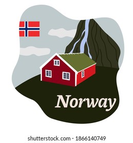 Ilustración moderna de noruega. Casa en las montañas en la ilustración del país nórdico. Para folletos de viaje, libros, escuelas, presentaciones, página de inicio sobre noruega