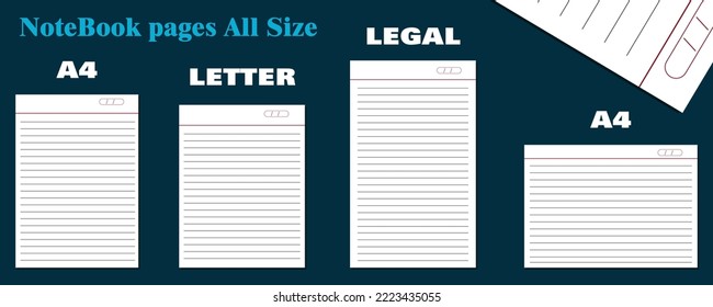 modern notebook pages designed in different size. a4, letter and legal sized vector template. neat and clean, designed for print