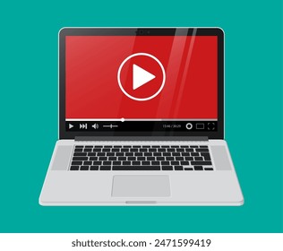 Modern notebook with video player on screen. Online streaming service on laptop. Cinema, movies, courses and education in internet. Digital content. Vector illustration in flat style