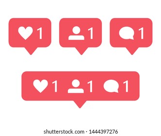 Modern Notifications Icons For Social Media: Heart Symbol, Follower And Comment. Set Of Object On White Background Isolated. Vector Illustration. 