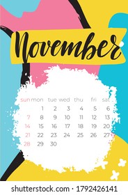 Modern November 2021 calendar, great design for any purposes. Stationery calender. Wall calendar design template. Desktop calendar template. Calendar planner. Handwritten modern calligraphy. 