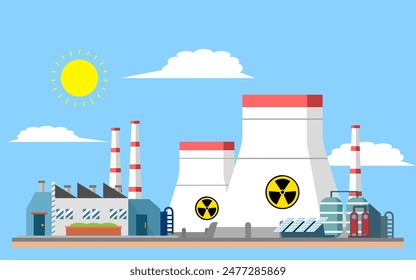 Modern nuclear power plant generating clean and sustainable energy. Flat vector illustration representing atomic power, electricity production, and future energy solutions for a greener world
