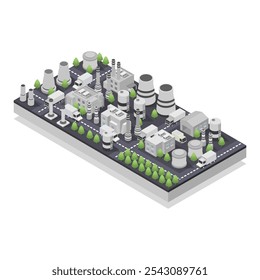 Isométrica moderna da usina nuclear ilustrada no fundo transparente