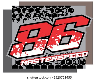 Modern number 86 vector, colorful design, MASTERSPEED text, gray background.