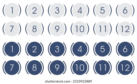 Modern number bullet point set from 1 to 12 with circle. Vector illustration