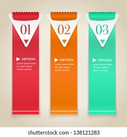Modern numbered options banners. Vertical color ribbon with arrows. Vector illustration.